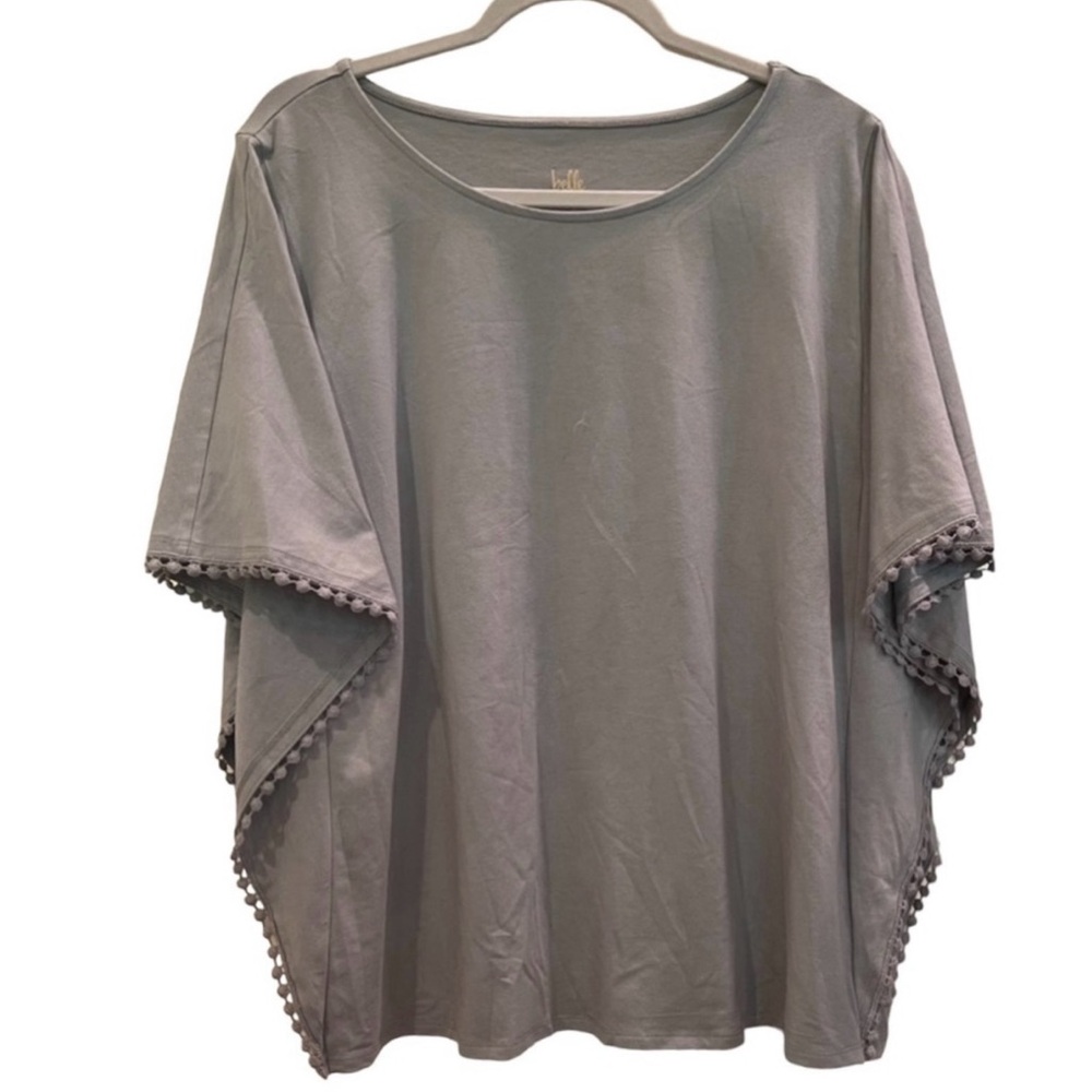 Belle By Kim Gravel TripleLuxe Knit Butterfly Top With Pom Pom Trim. Green XL